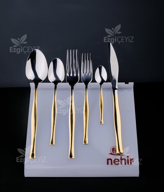 Nehir Zarif Altın Sade 6 Kişilik 36 Parça Kutulu Çatal Kaşık Bıçak Takımı