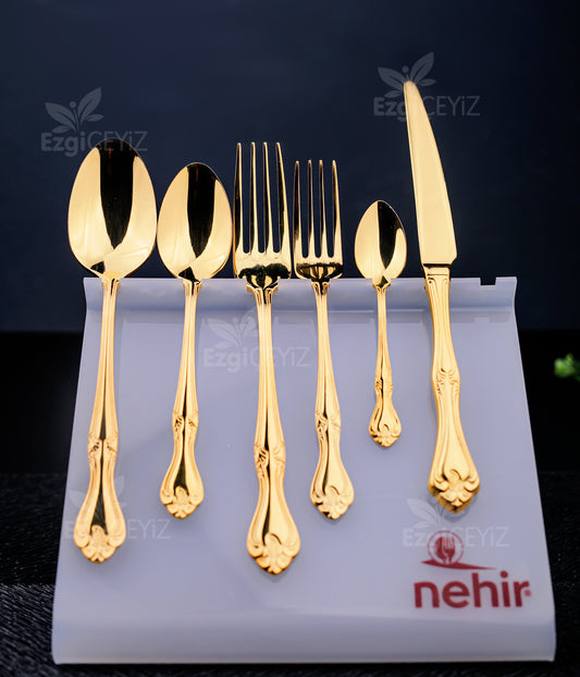 Nehir Lalezar Titanyum Gold Full Altın Parlak 72 Parça Kutulu Çatal Bıçak Set