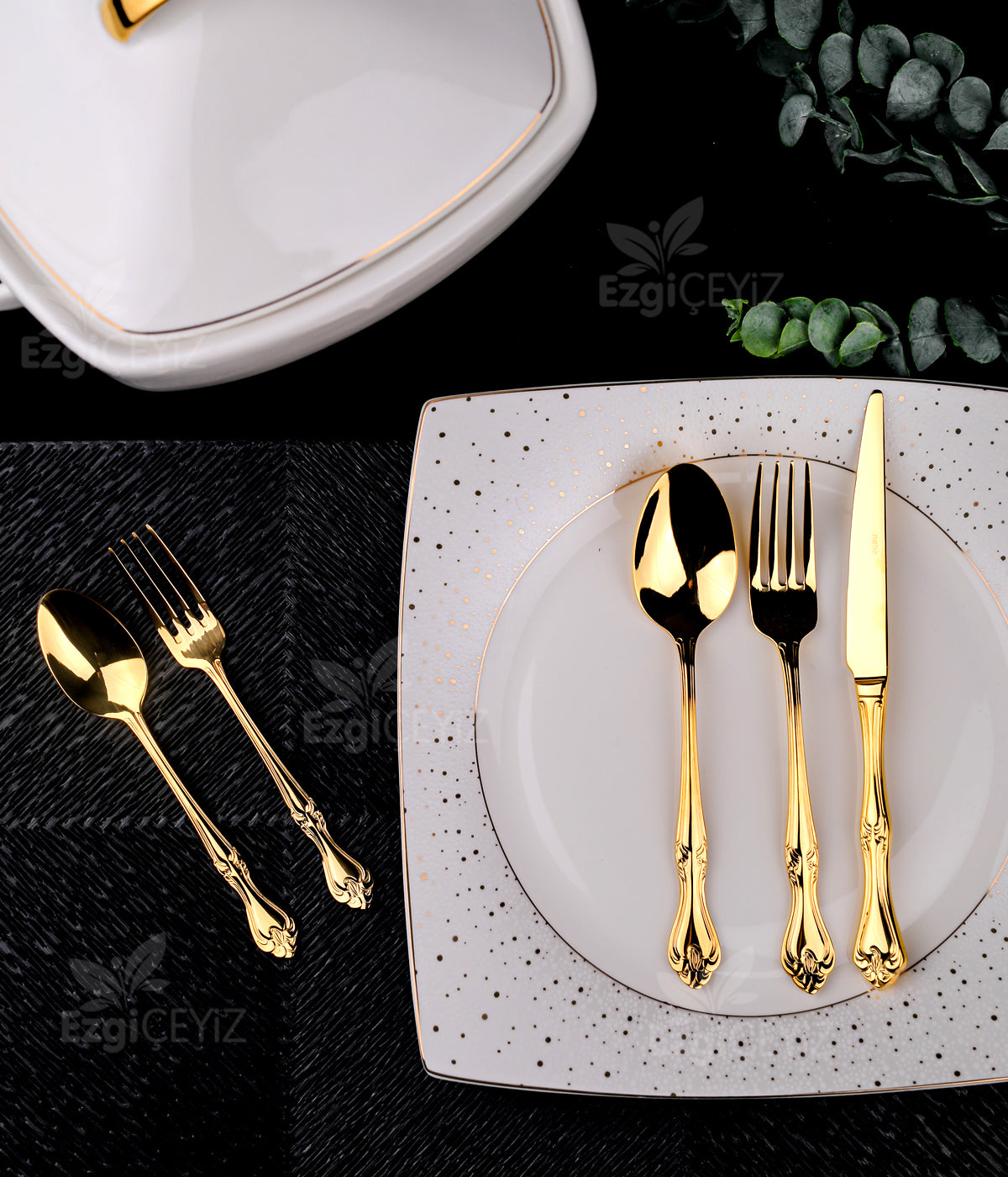 Nehir Lalezar Titanyum Gold Full Altın Parlak 72 Parça Kutulu Çatal Bıçak Set