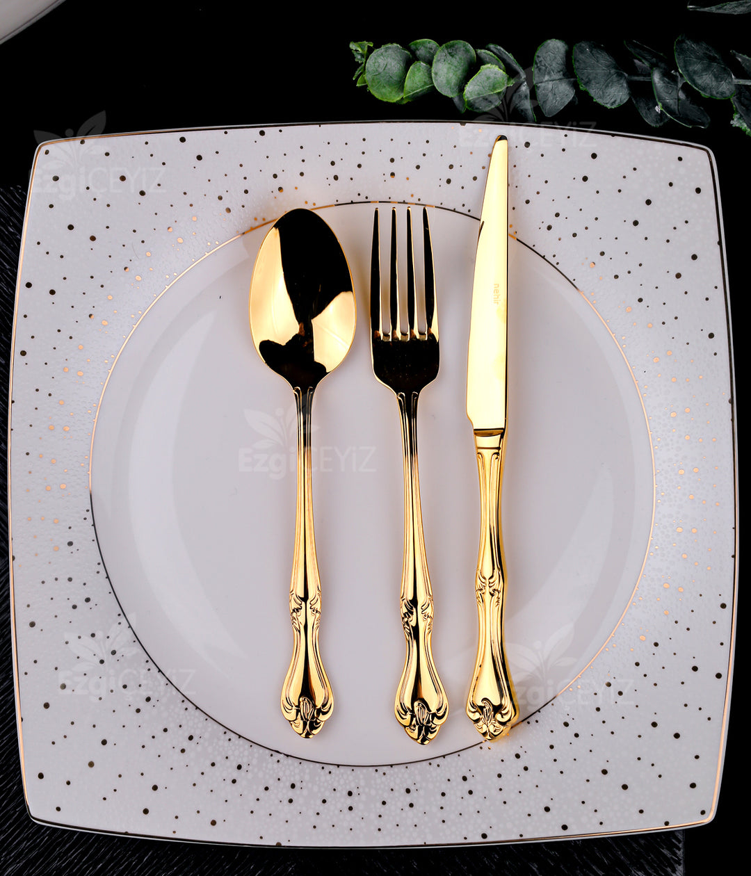 Nehir Lalezar Titanyum Gold Full Altın Parlak 72 Parça Kutulu Çatal Bıçak Set