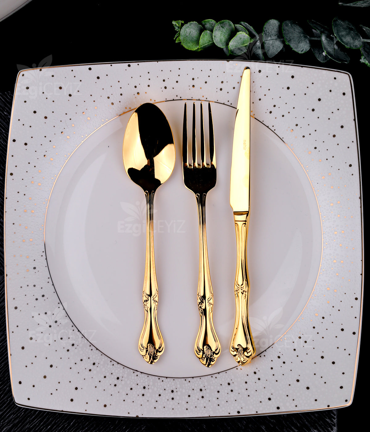 Nehir Lalezar Titanyum Gold Full Altın Parlak 72 Parça Kutulu Çatal Bıçak Set