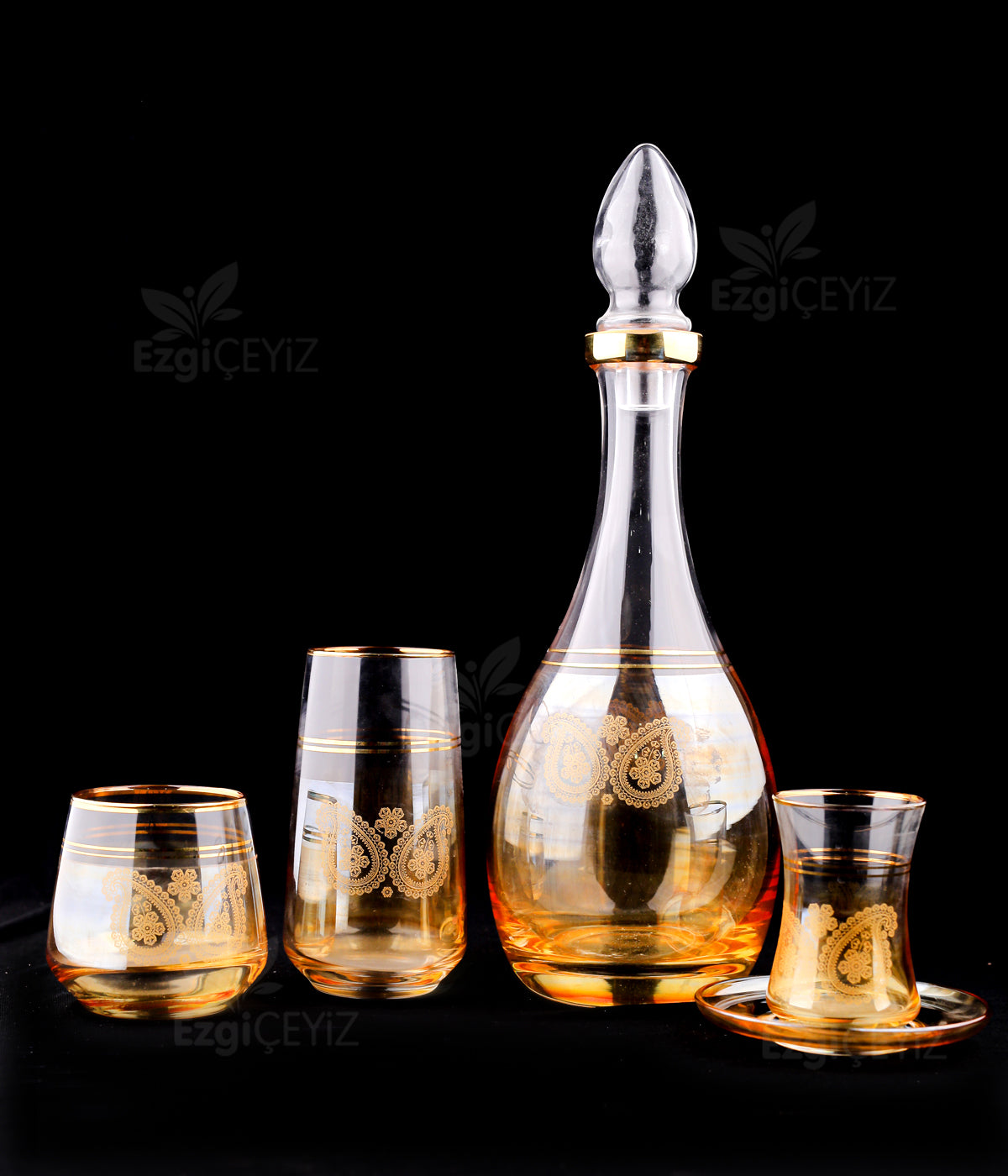 Öcal  31 Parça Amber & Gold Detaylı Kristal Cam Bardak Seti