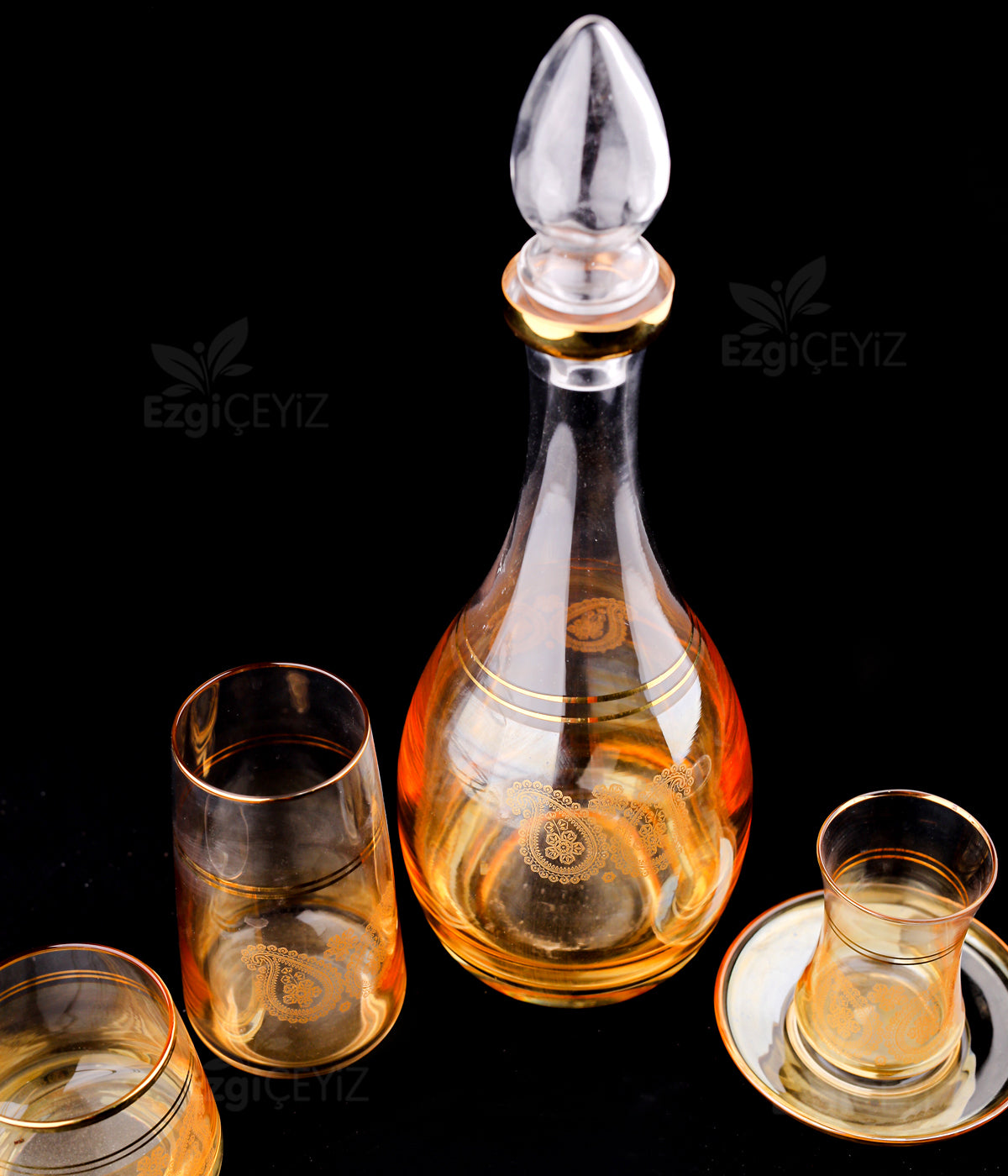 Öcal  31 Parça Amber & Gold Detaylı Kristal Cam Bardak Seti