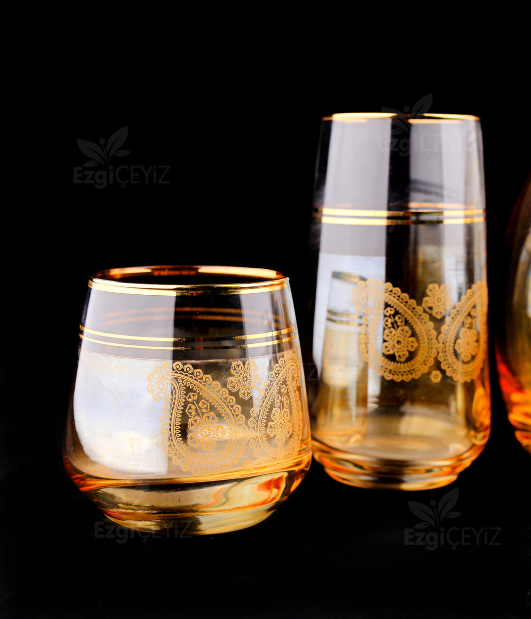 Öcal  31 Parça Amber &amp; Gold Detaylı Kristal Cam Bardak Seti