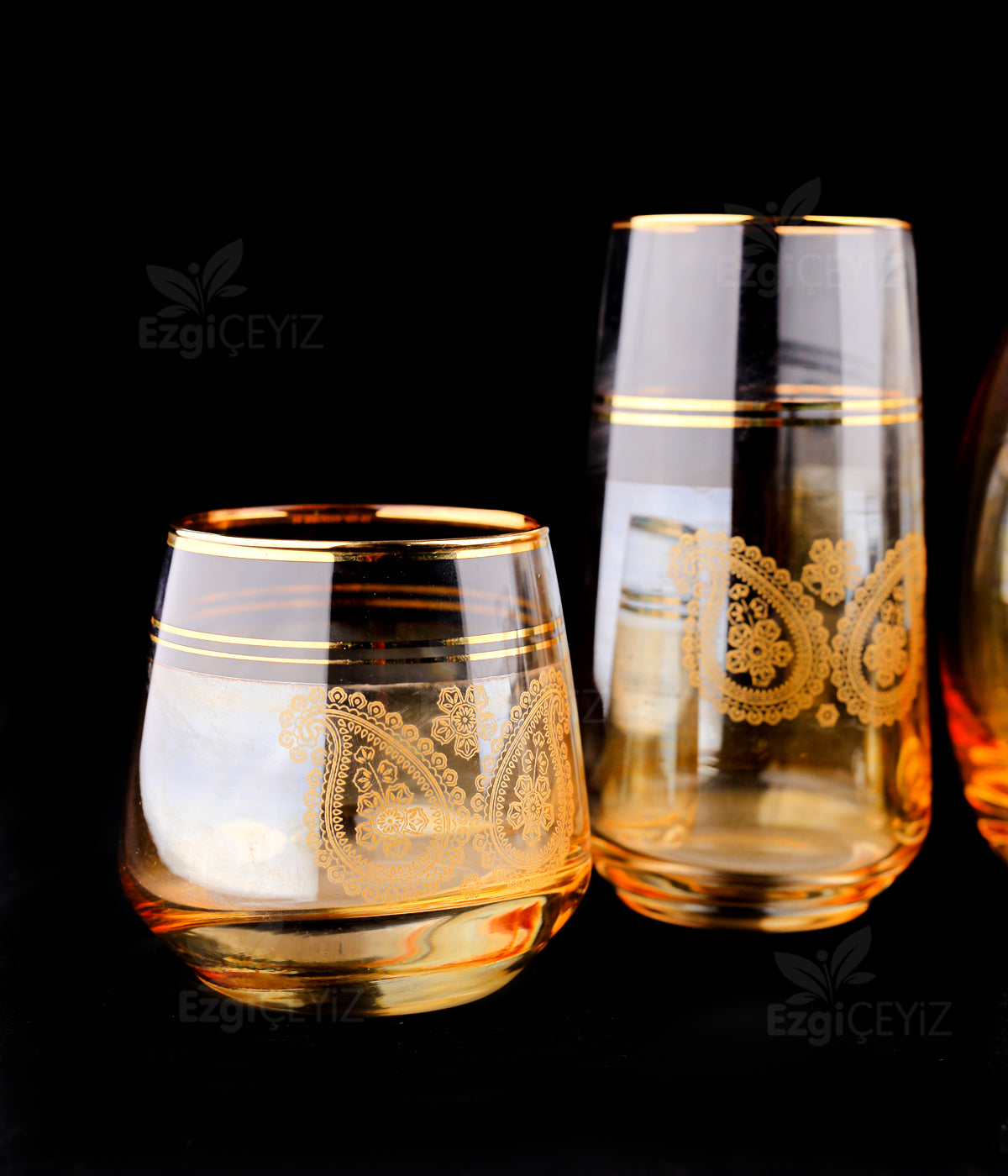 Öcal  31 Parça Amber & Gold Detaylı Kristal Cam Bardak Seti