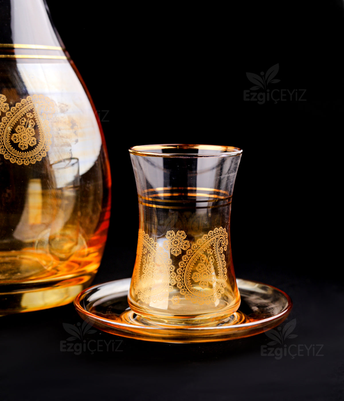 Öcal  31 Parça Amber & Gold Detaylı Kristal Cam Bardak Seti