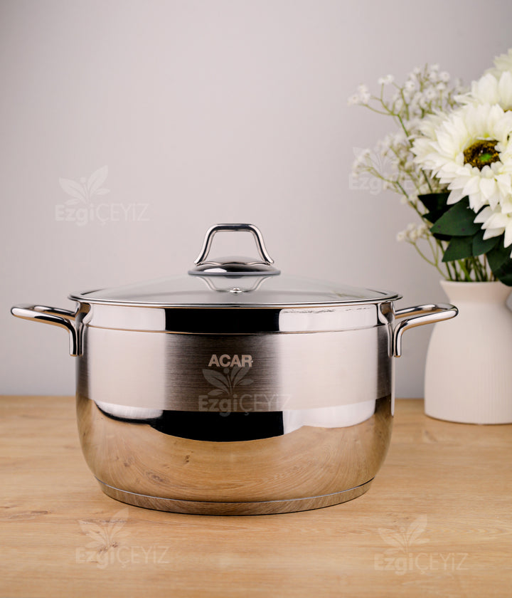 ACAR Karat 26 Cm Basık Kısa Cam Kapaklı Çelik Tencere