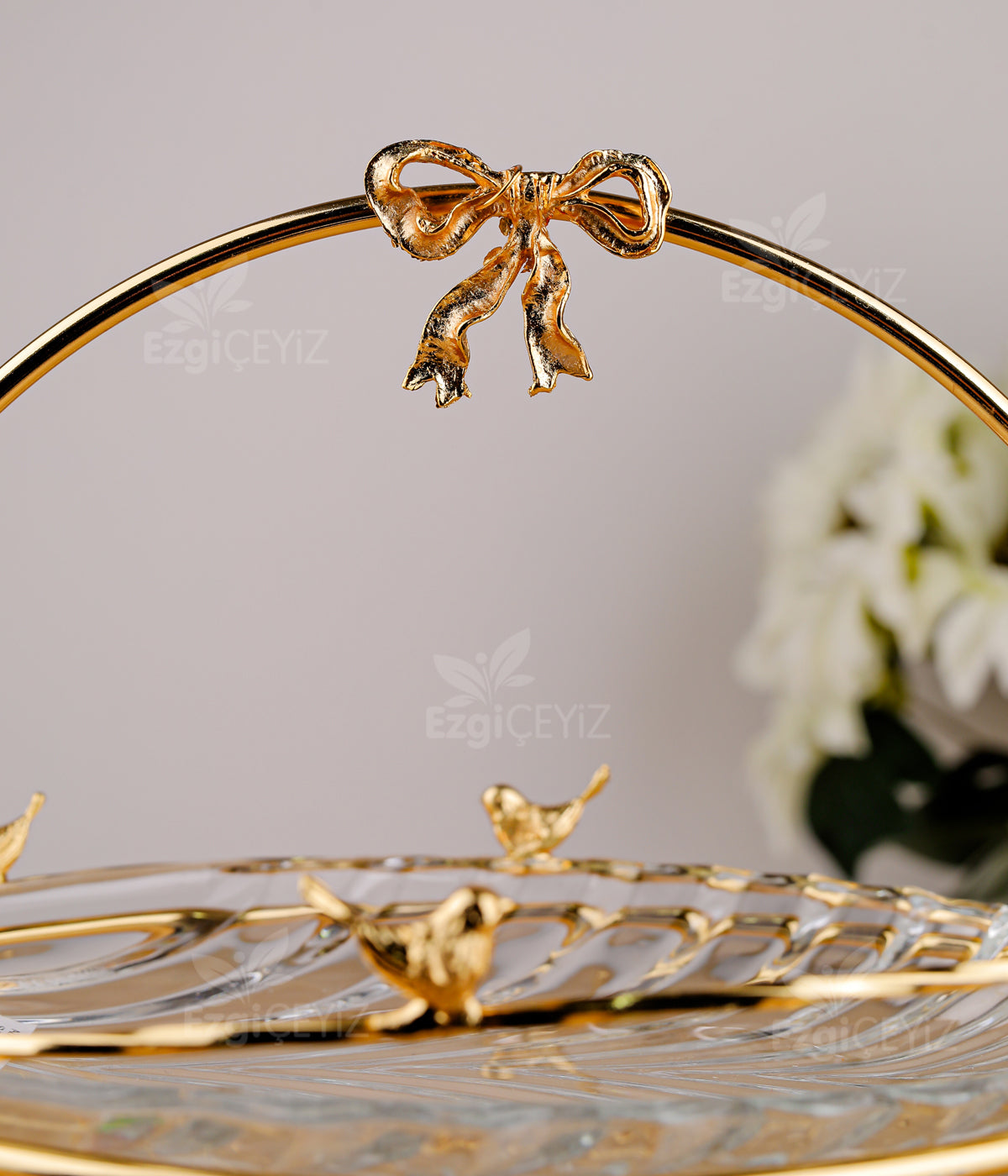 Azade Bakır Kuşlu 2 Katlı Gold Cam Sunumluk