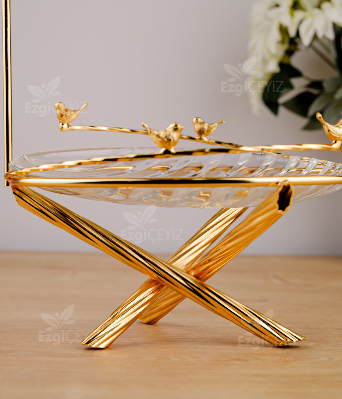 Azade Bakır Kuşlu 2 Katlı Gold Cam Sunumluk