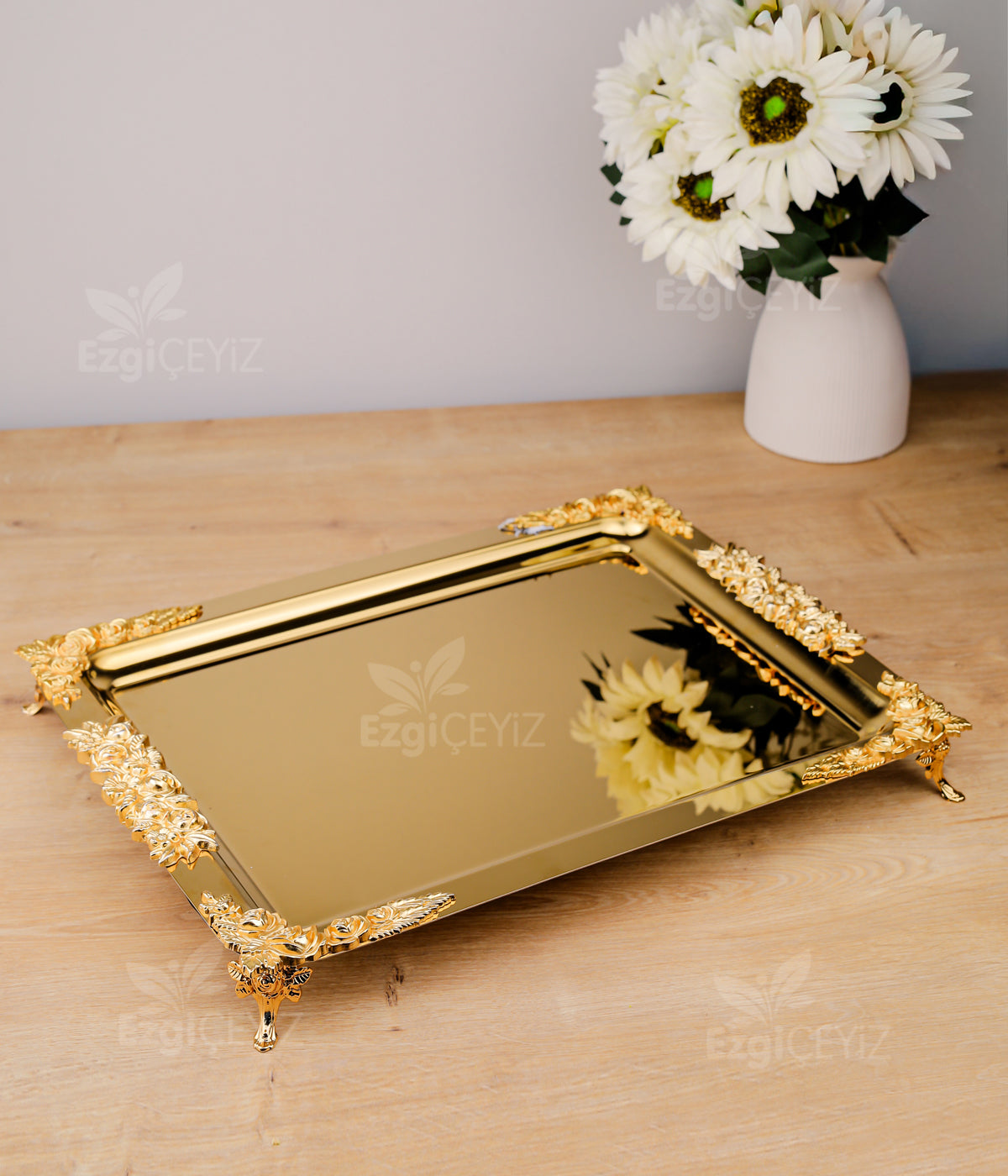 Kare 4 Köşe Çiçekli Gold Sunum Tepsisi