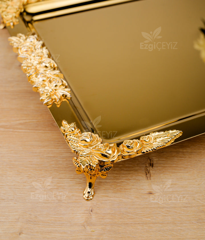 Kare 4 Köşe Çiçekli Gold Sunum Tepsisi