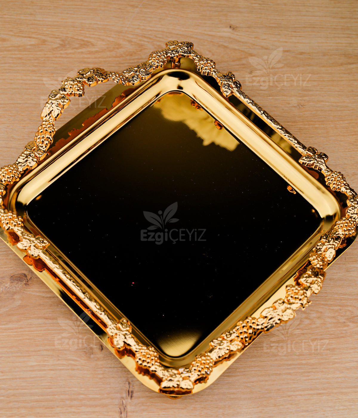 Kare 4 Köşe Çiçekli Gold Sunum Tepsisi