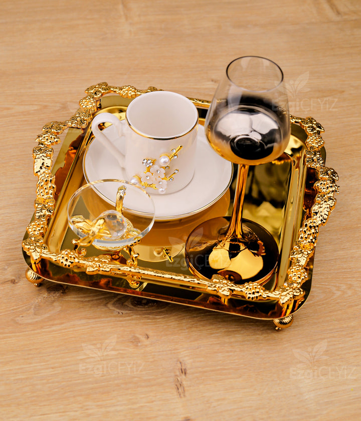 Lüks Gold Gül Detaylı Kare Sunum Tepsisi