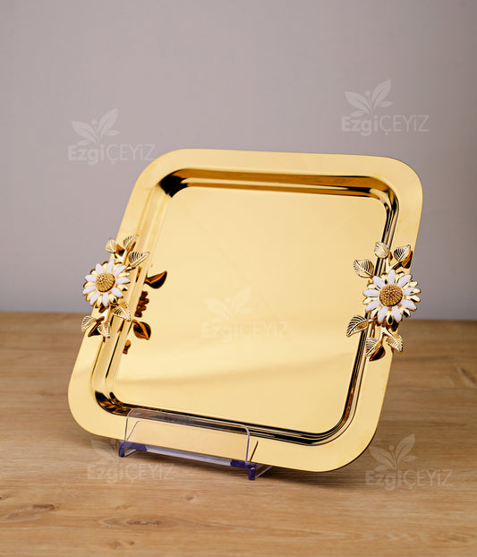 Tek Kişilik Metal Gold Kahve Sunum Tepsisi Papatya Model