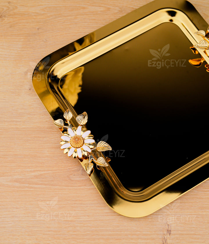 Tek Kişilik Metal Gold Kahve Sunum Tepsisi Papatya Model