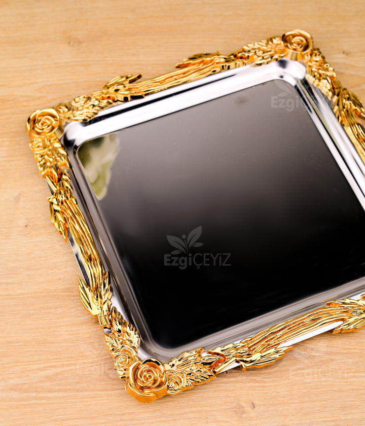 Gül Figürlü Gold Döküm Kenarlı Paslanmaz Çelik Kare Sunum Tepsisi