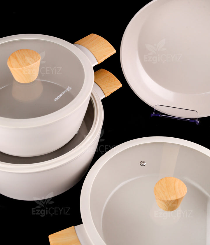 Karaca x Refika Swiss Crystal Almond Cream 7 Parça Tencere ve Tava Seti