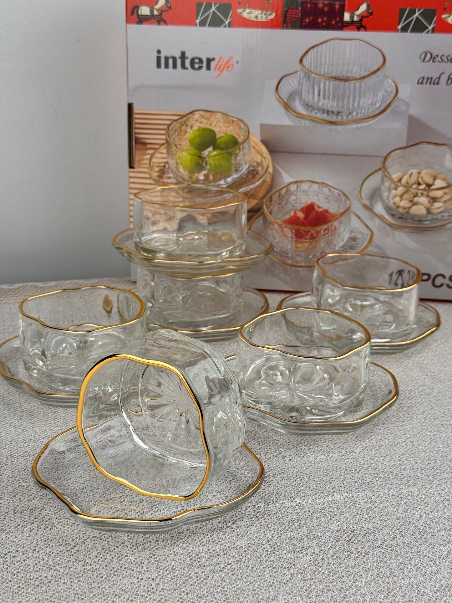 12 parça gold yaldızlı cam çerez takımı