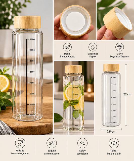 700 ML BAMBU KAPAKLI CAM MATARA 🌿