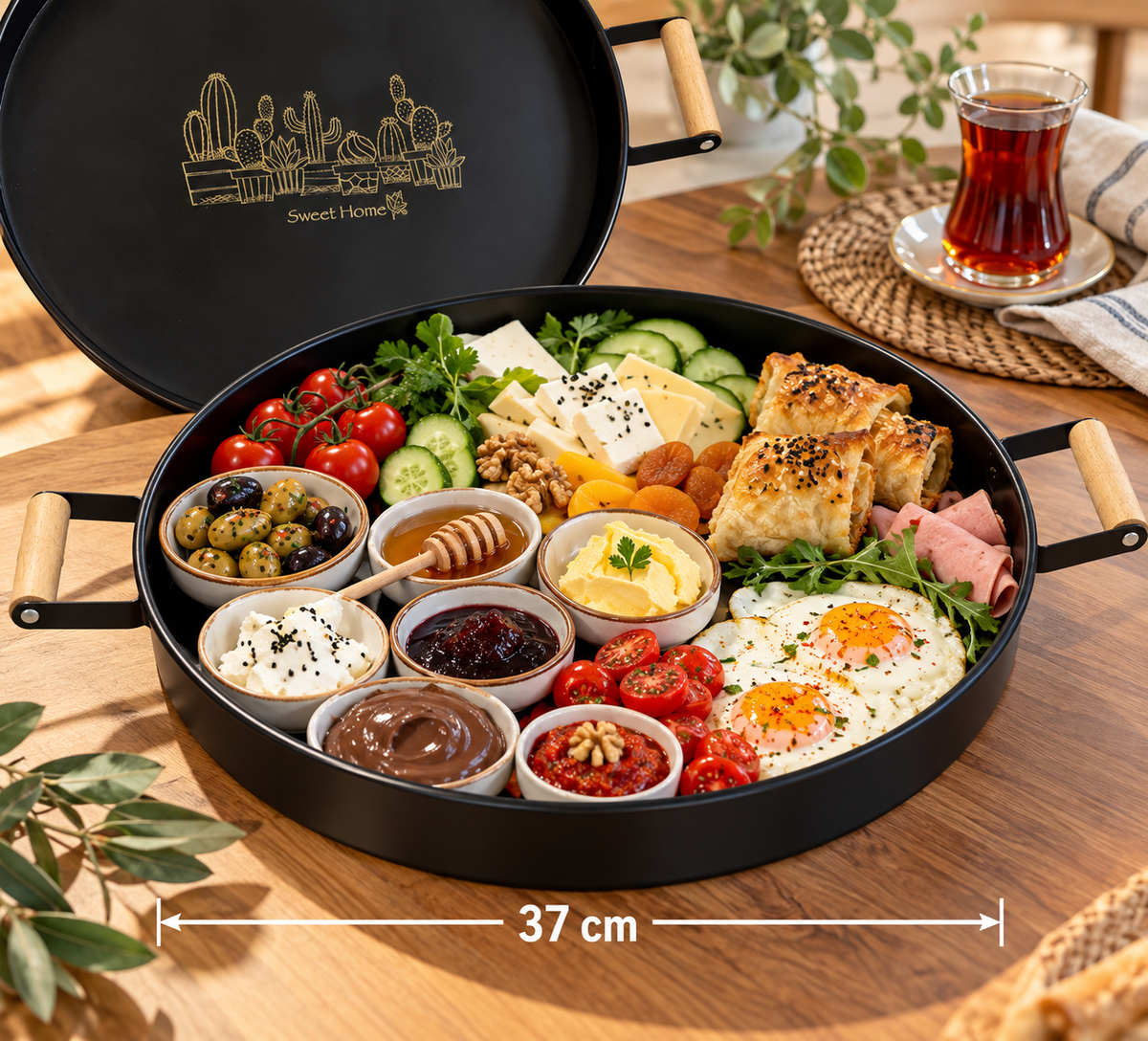 Ahşap Kulplu Metal Sunum Tepsisi – 37 cm