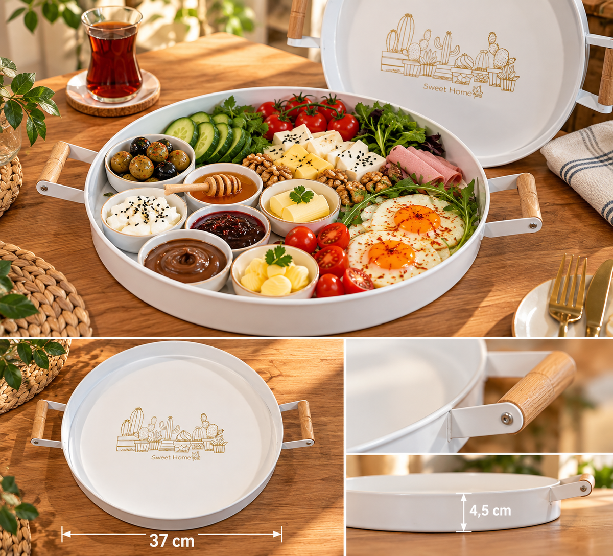 Ahşap Kulplu Metal Sunum Tepsisi – 37 cm