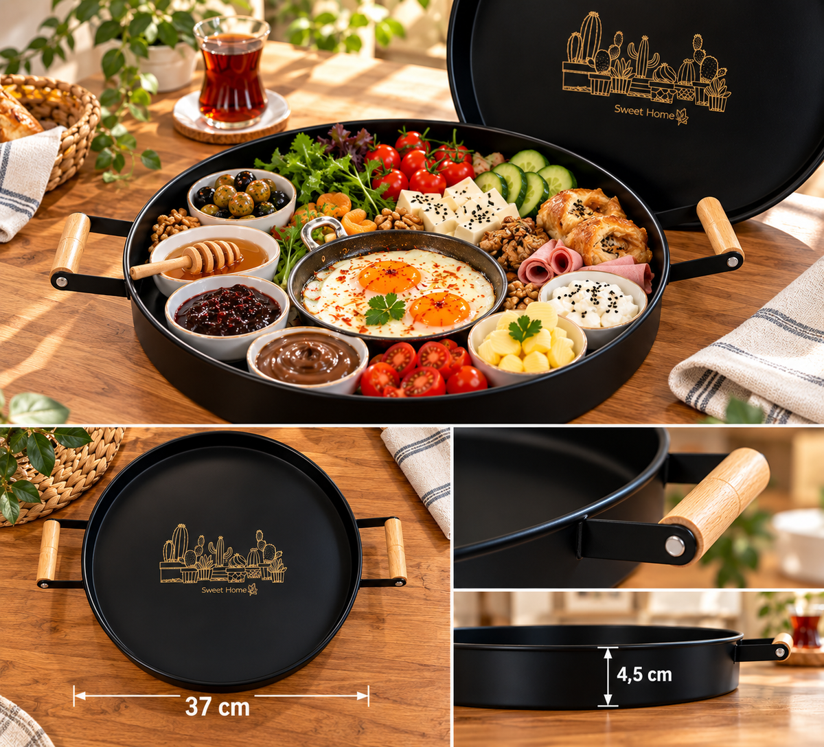 Ahşap Kulplu Metal Sunum Tepsisi – 37 cm