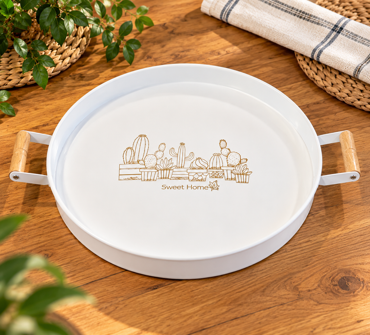 Ahşap Kulplu Metal Sunum Tepsisi – 37 cm