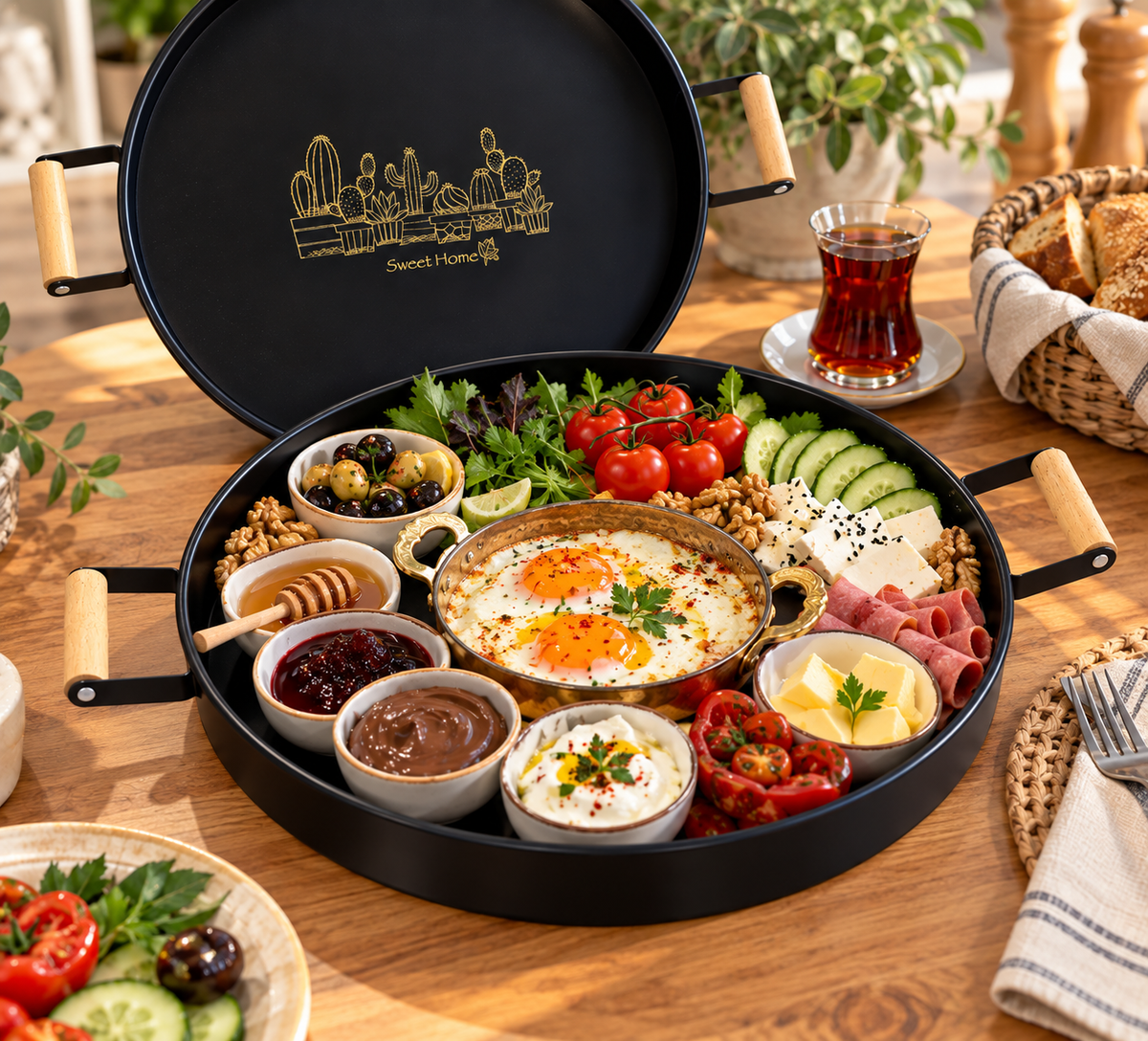 Ahşap Kulplu Metal Sunum Tepsisi – 37 cm