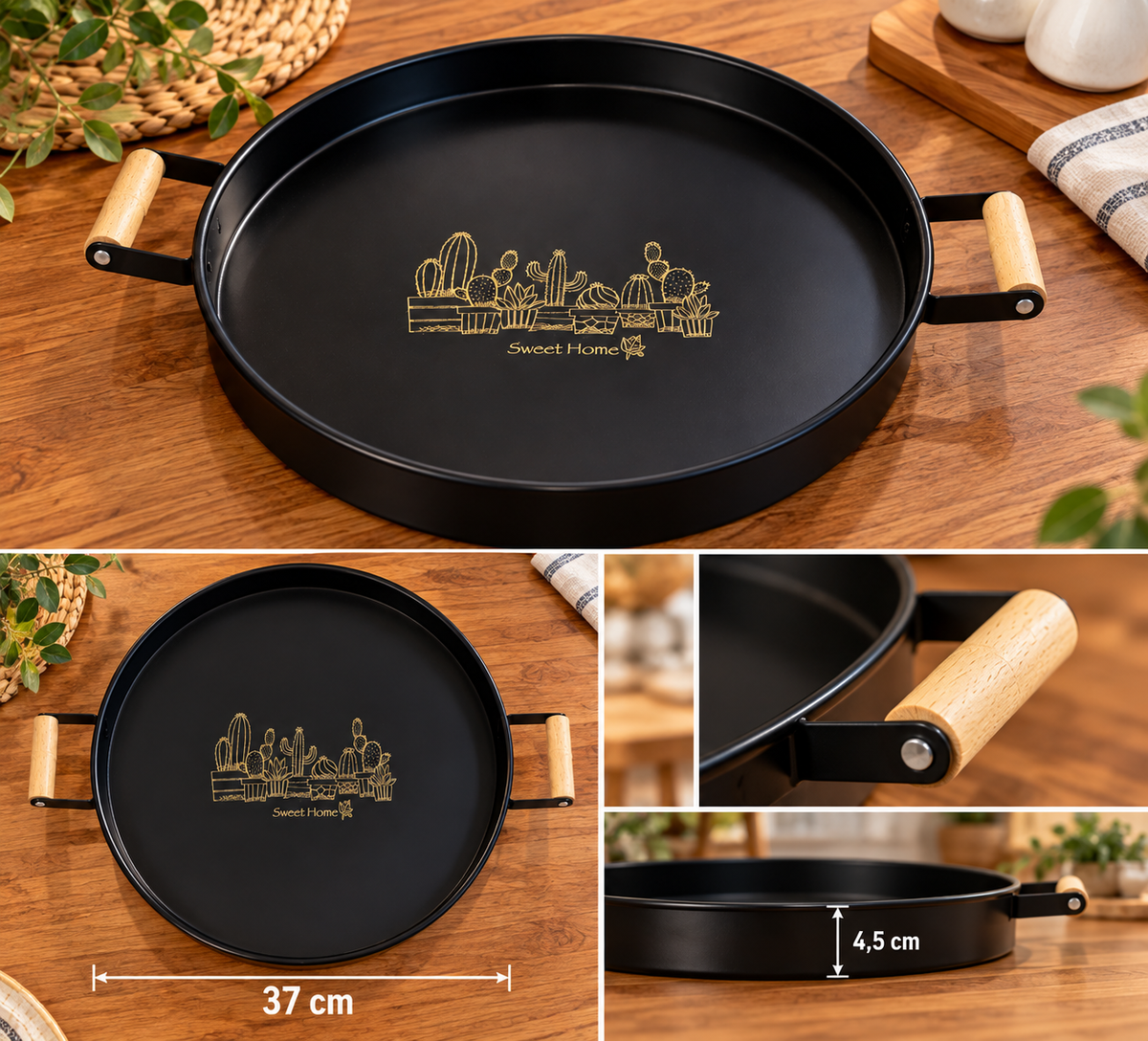 Ahşap Kulplu Metal Sunum Tepsisi – 37 cm