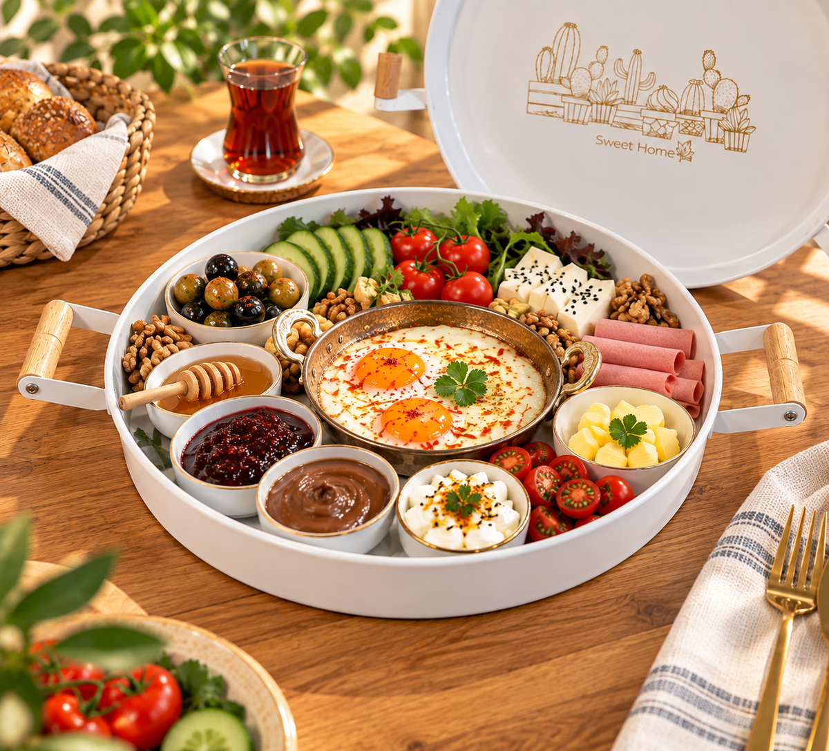 Ahşap Kulplu Metal Sunum Tepsisi – 37 cm